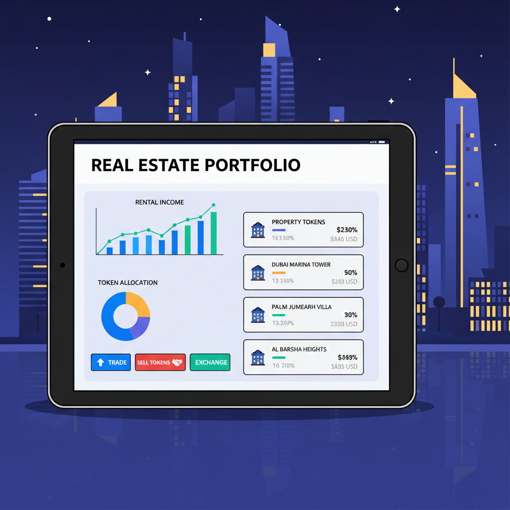 Portfolio dashboard tracking real estate tokens, rental income charts, trade buttons, Dubai skyline at night