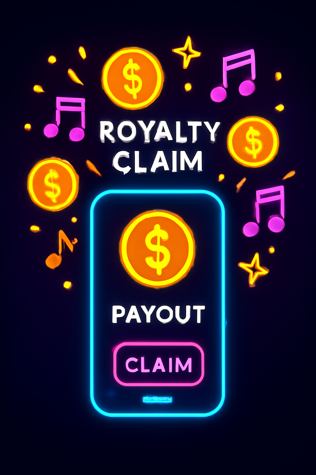 royalty claim screen with coin drops and music notes, celebratory blockchain payout, vibrant neon