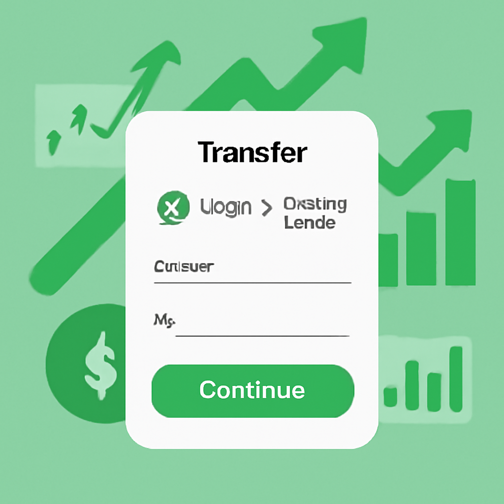 crypto transfer screen showing USDT funding wallet, green arrows and charts, dynamic finance vibe