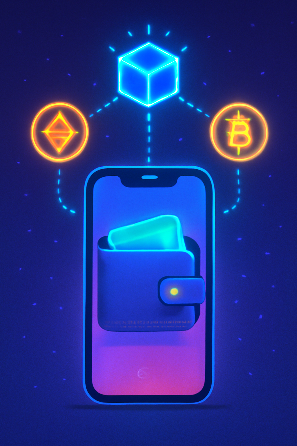 mobile wallet app interface connecting to blockchain, glowing icons, vibrant digital art