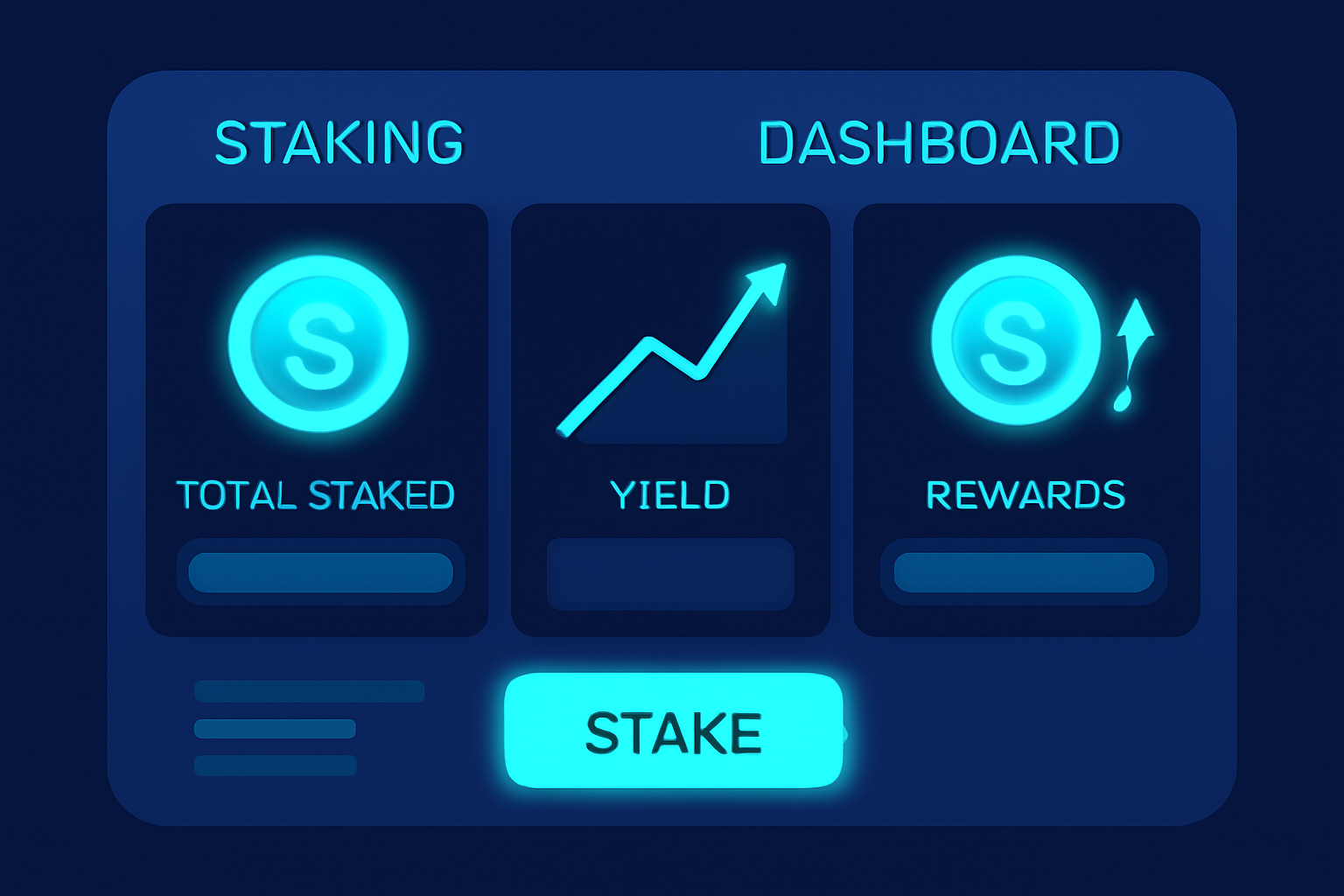 staking dashboard with glowing tokens and yield graphs, futuristic UI, reward animations