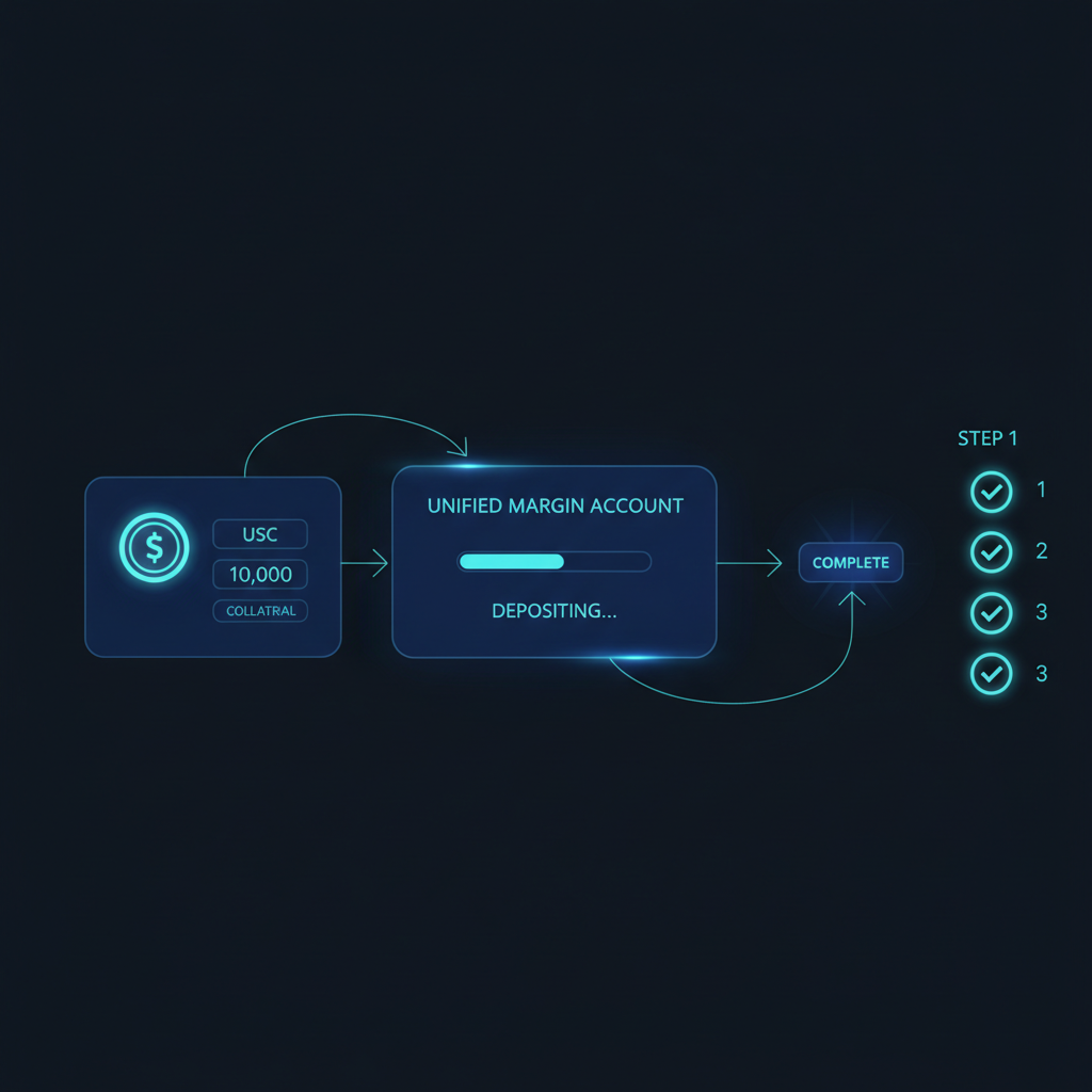 sleek crypto dashboard depositing USDC collateral into unified margin account glowing blue