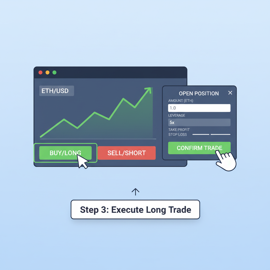 Ethereum blockchain interface opening spot long ETH trade chart rising green