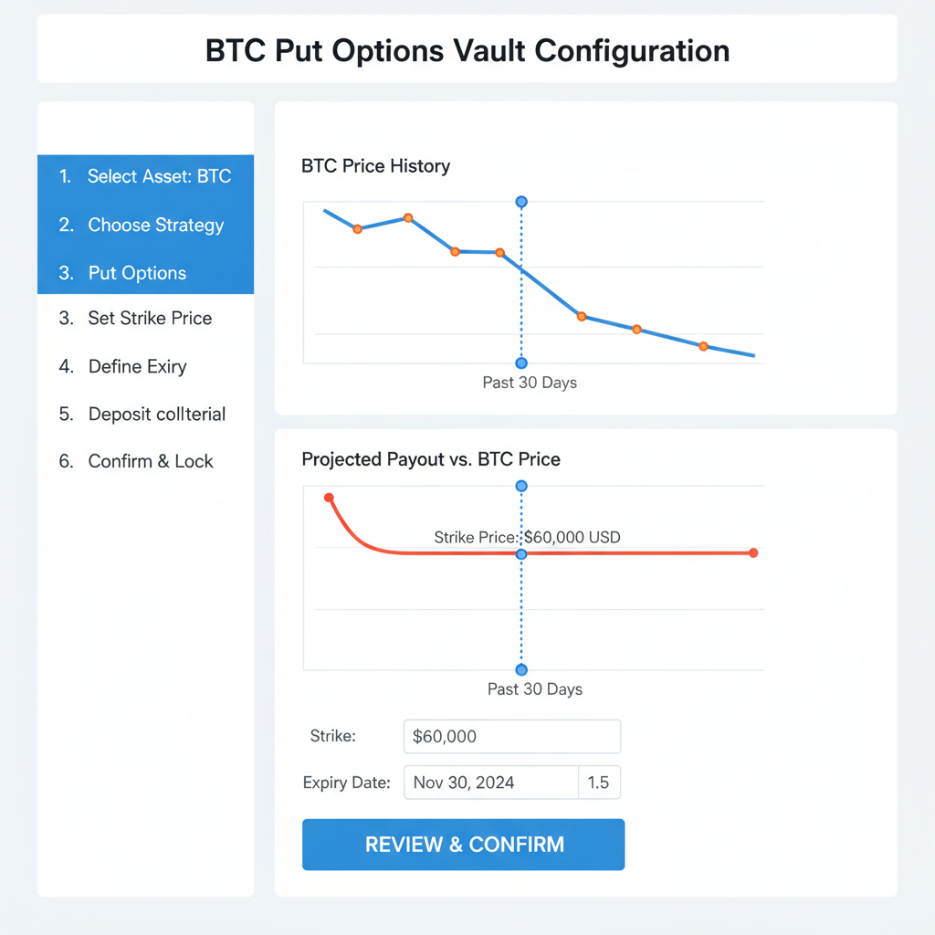 configuring BTC put options in DeFi vault UI, graphs with BTC price data