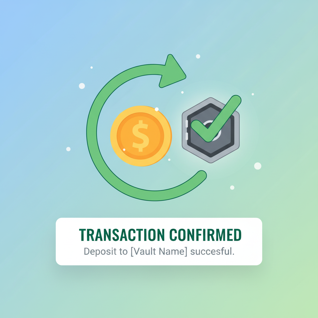 confirming DeFi vault deposit transaction, success animation