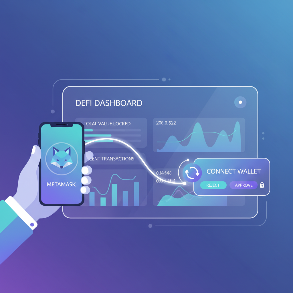 user connecting crypto wallet to DeFi dashboard, futuristic UI, professional style