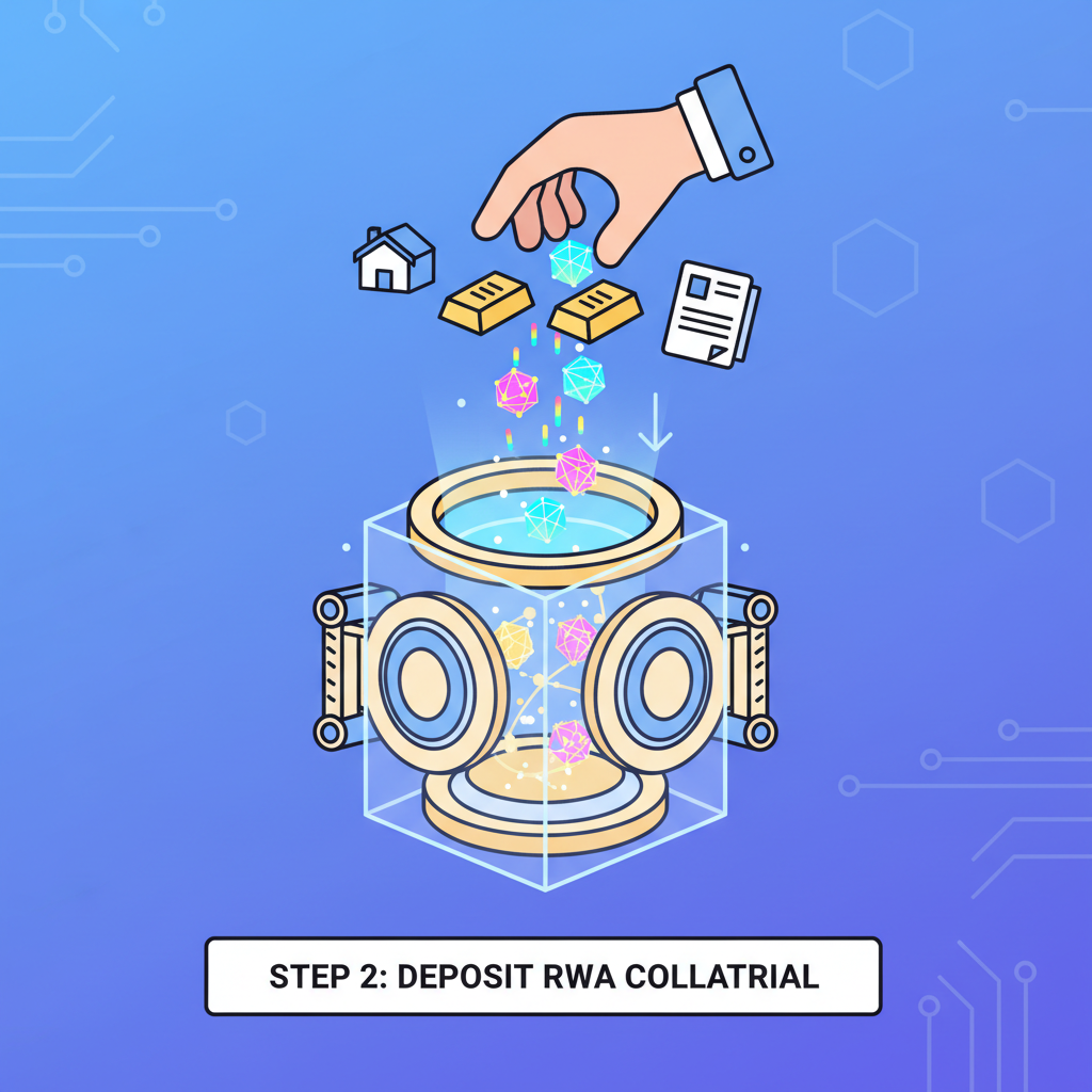 depositing RWA collateral into glowing DeFi vault, tokens flowing in