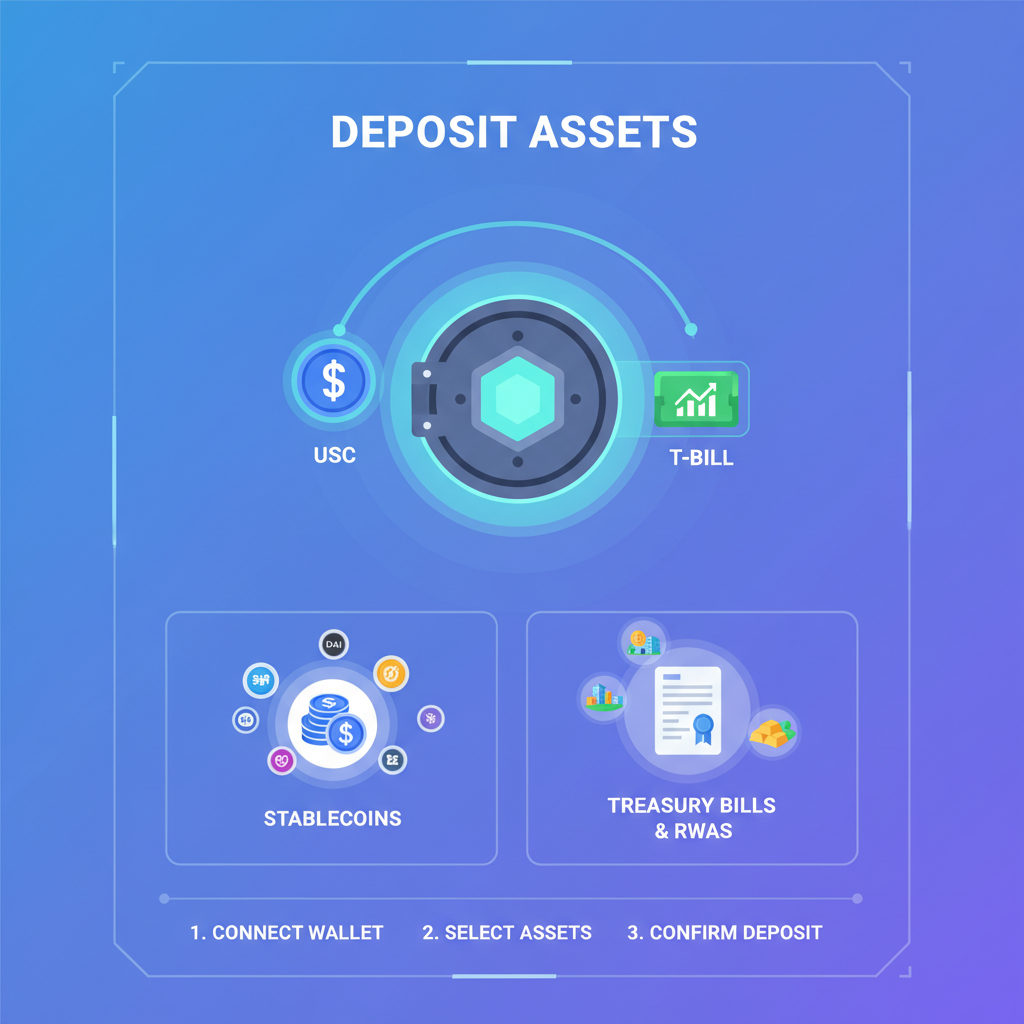user depositing USDC and RWA tokens into glowing vault, stablecoin icons and treasury bill visuals, professional DeFi UI