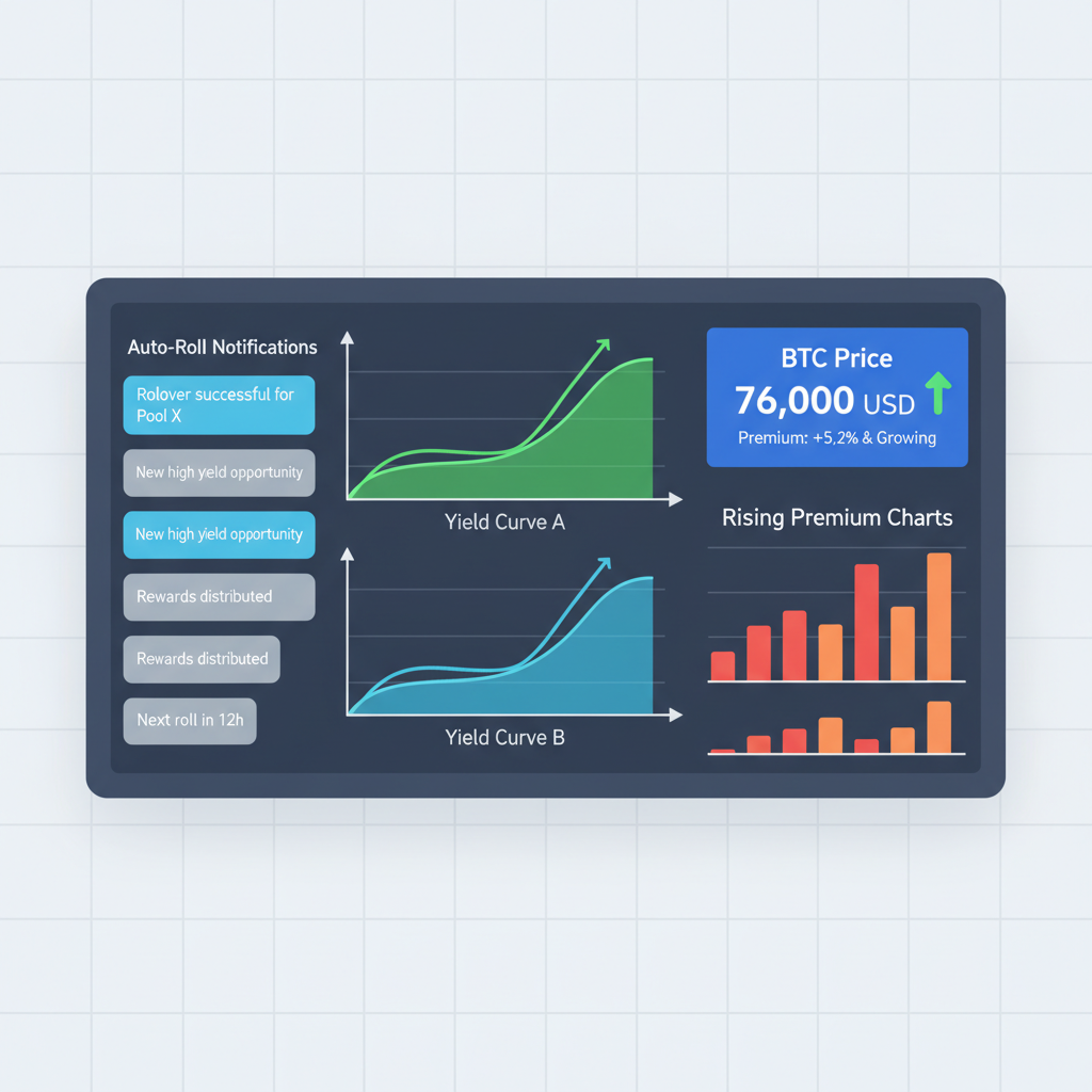 monitoring dashboard with yield graphs, auto-roll notifications, BTC price at 76k and rising premium charts