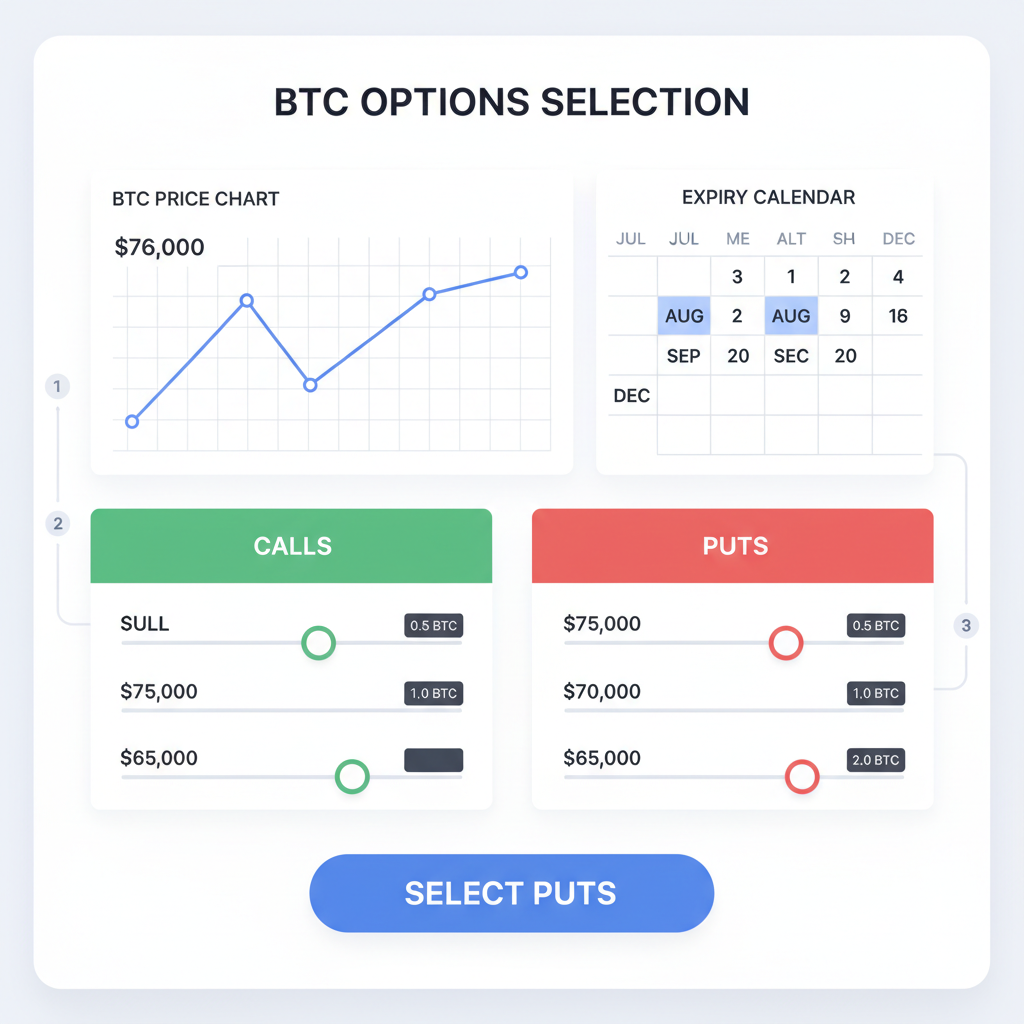 BTC options selection screen, strike price sliders for puts at $76k BTC price chart, clean chart with expiry calendar