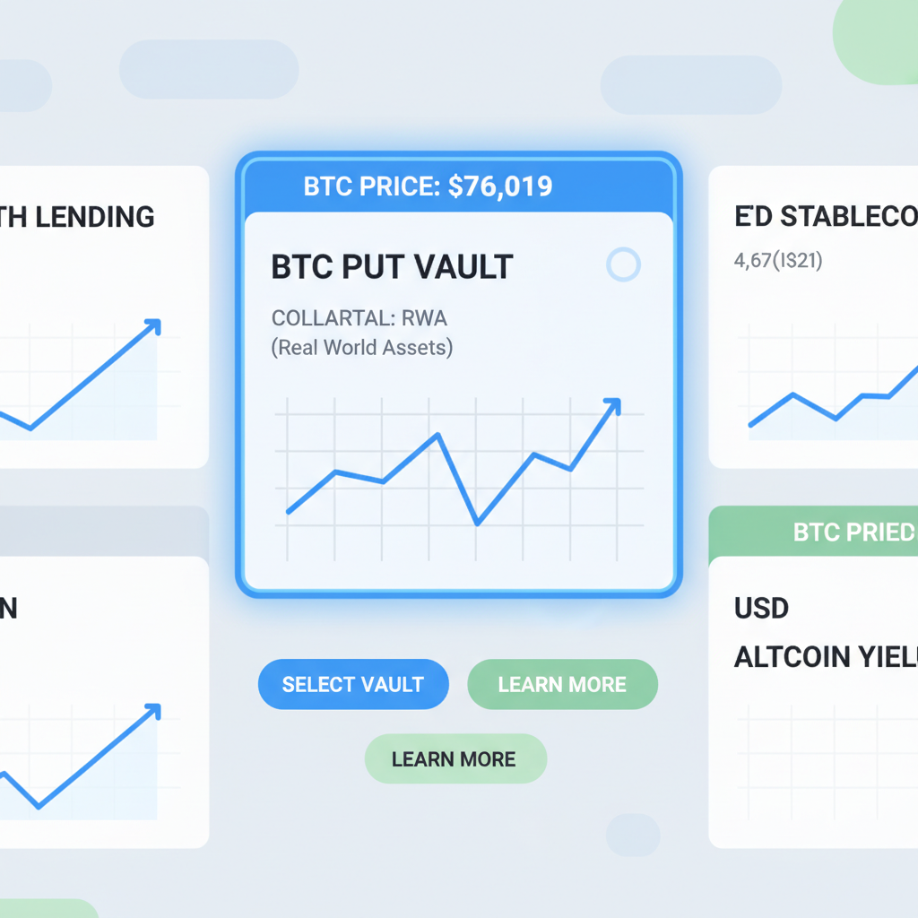 DeFi vault selection screen highlighting BTC put vault with RWA collateral, charts showing BTC price $76,019