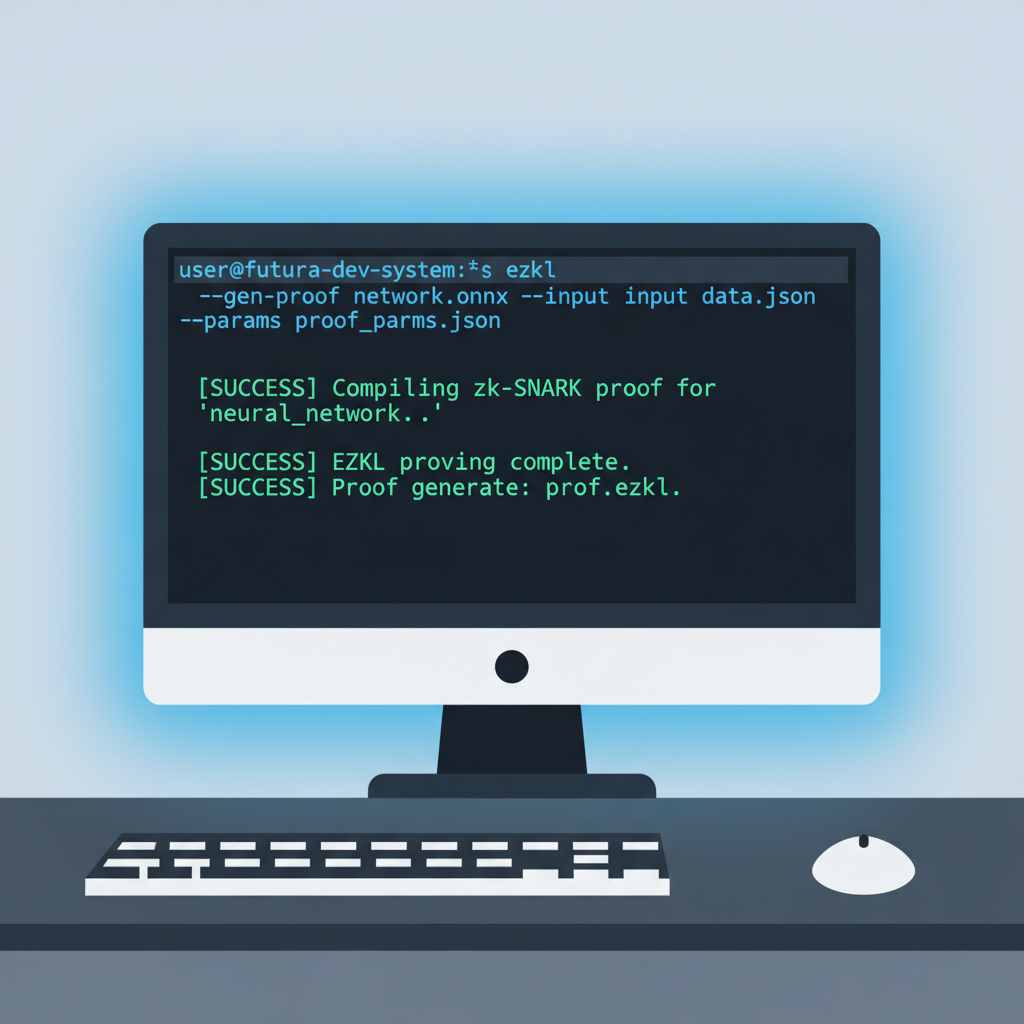 terminal command line compiling ezkl zk-snark proof for neural network, green success output, futuristic blue glow