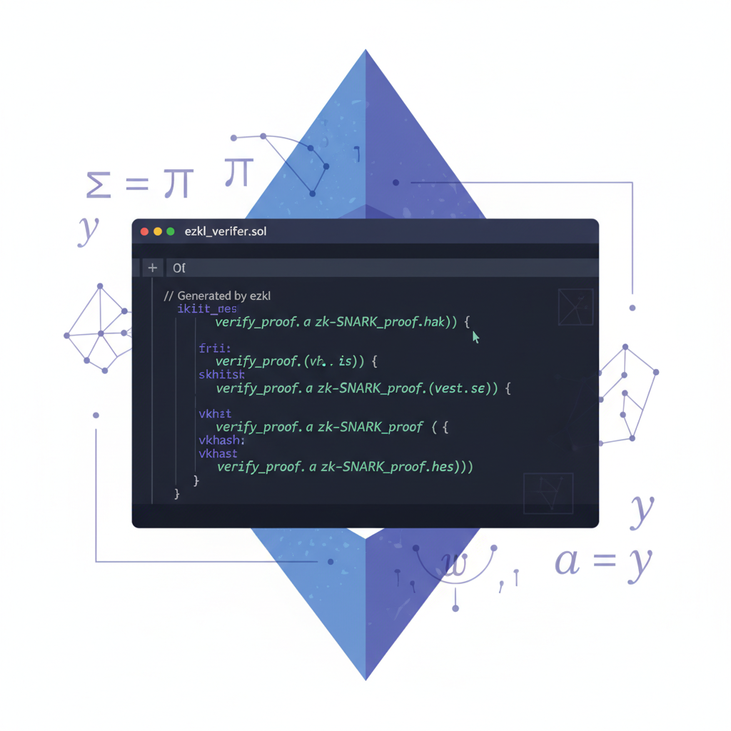 code editor with generated Solidity verifier contract from ezkl, zk-snark symbols, ethereum logo background