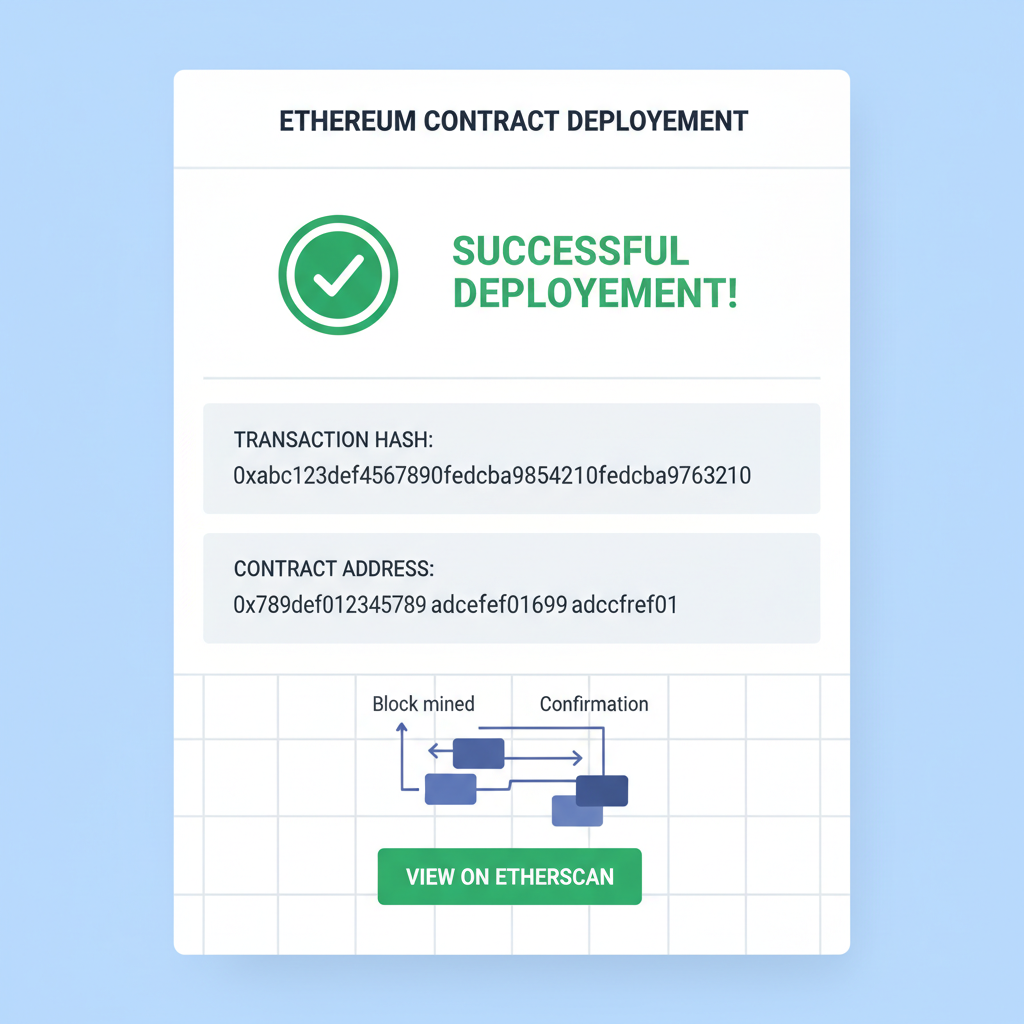 blockchain deployment dashboard showing successful contract deploy on Ethereum, transaction hash, green checkmark