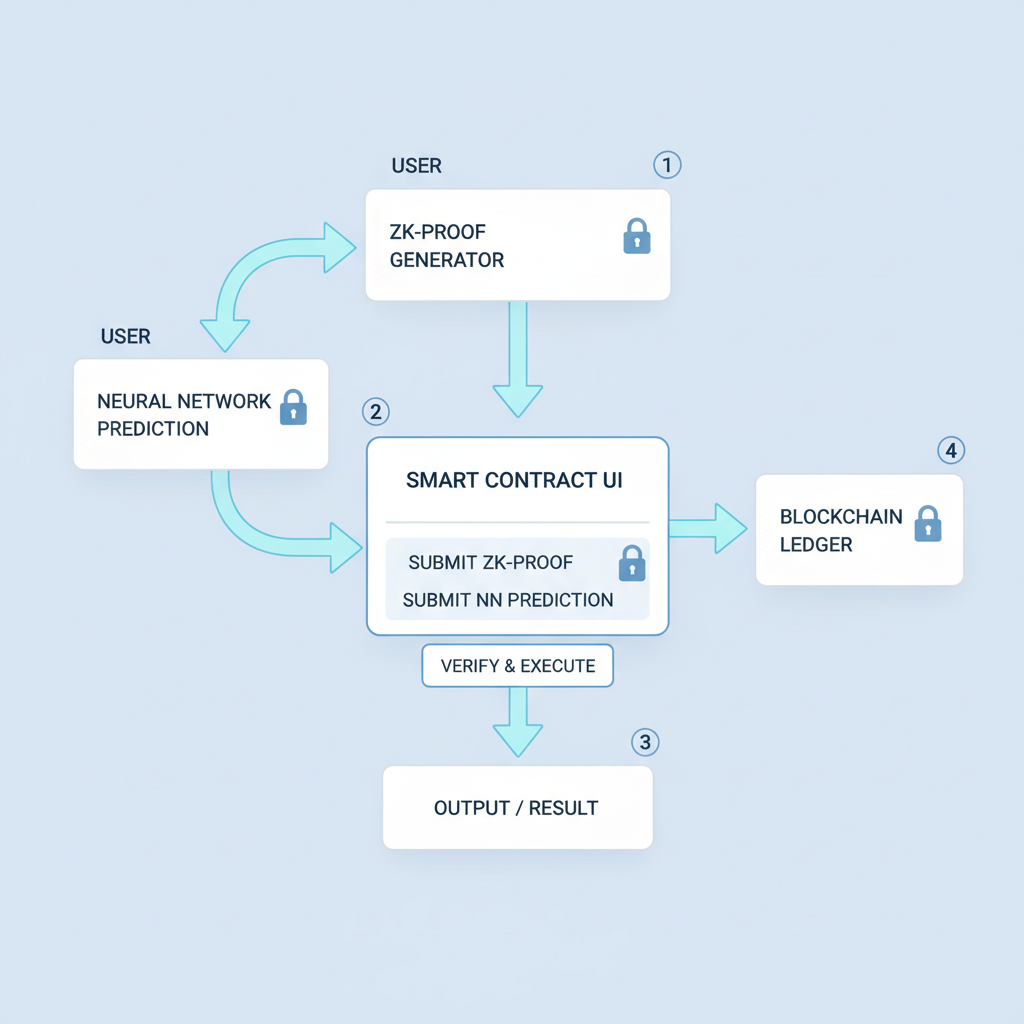 user submitting zk-proof and neural network prediction to smart contract UI, data flow diagram, secure lock icons