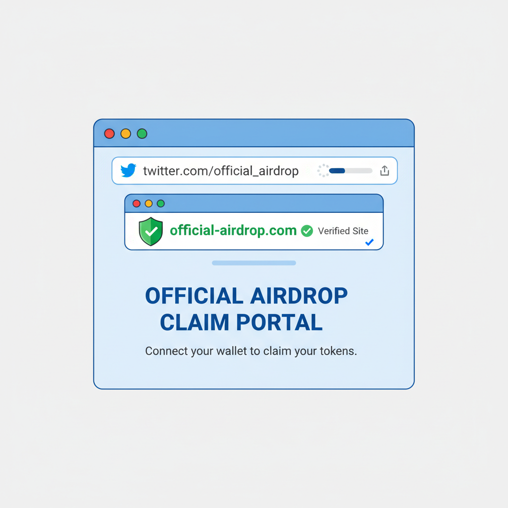 browser window opening Twitter link to official airdrop site, verification checkmarks, no phishing warnings --ar 16:9