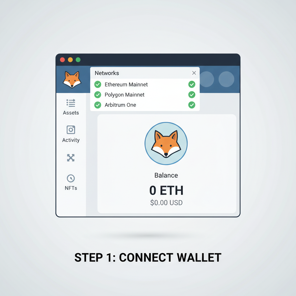 MetaMask wallet dashboard open, empty balance, networks menu visible, secure green checkmarks