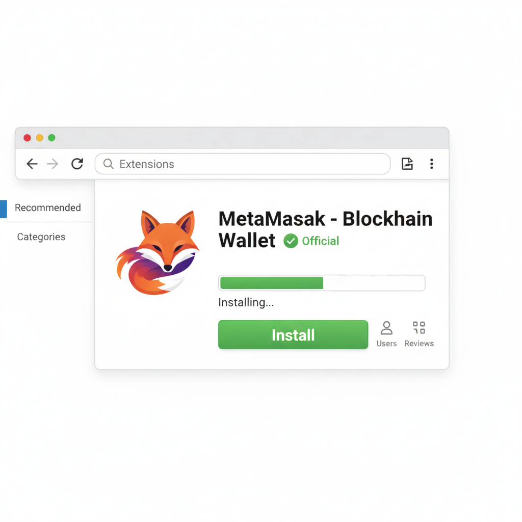 screenshot of browser extension store downloading MetaMask, official icons, green install button