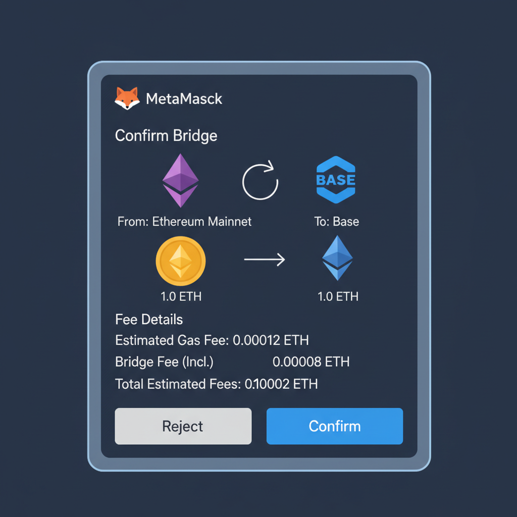 MetaMask L2 bridge confirmation screen, ETH bridging to Base network, fee details visible, professional crypto graphic