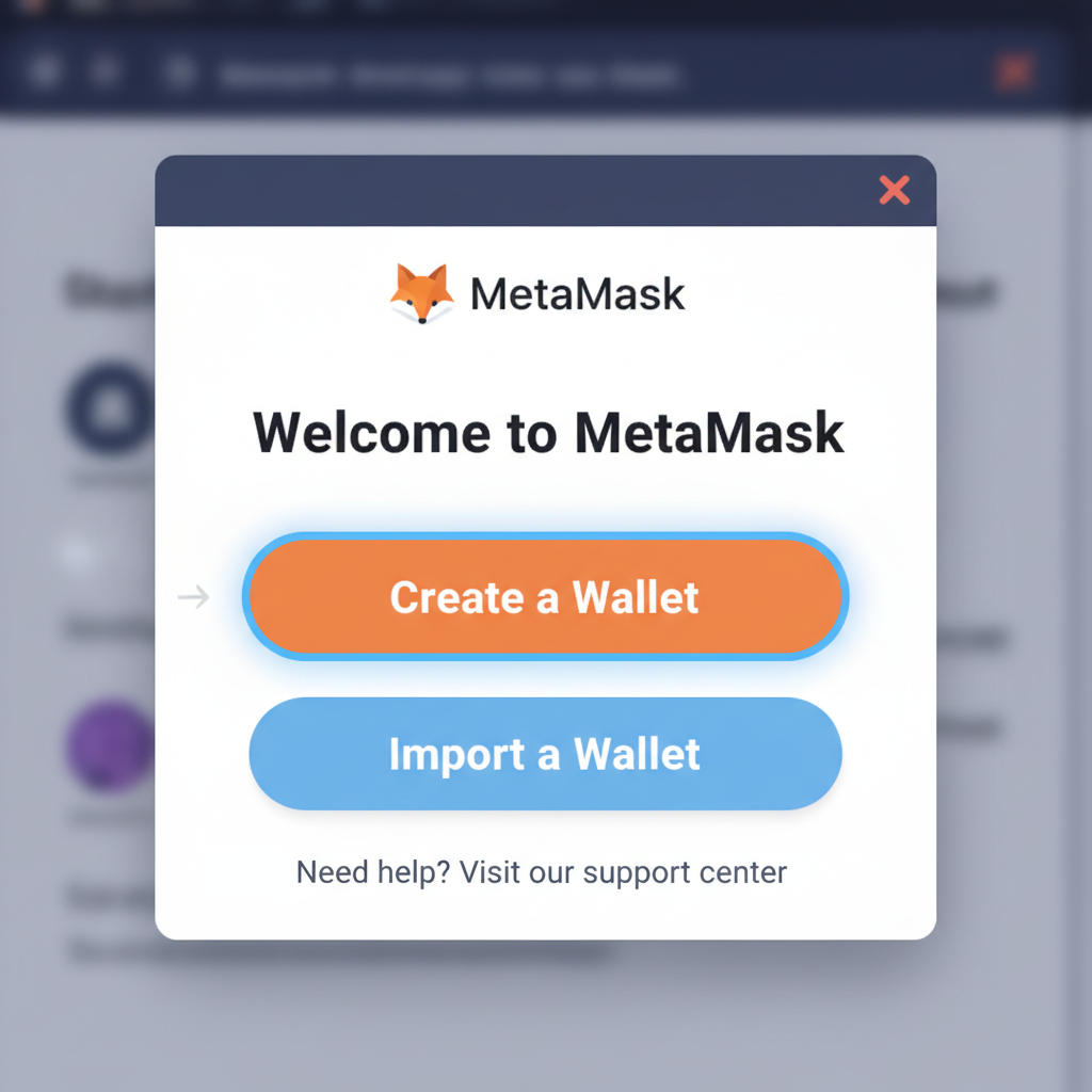 MetaMask popup window with 'Create a Wallet' button selected, clean interface, beginner-friendly
