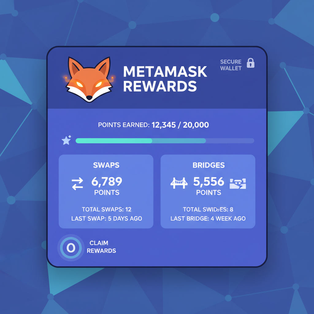 MetaMask rewards dashboard showing points earned from swaps and bridges, progress bar, secure wallet theme