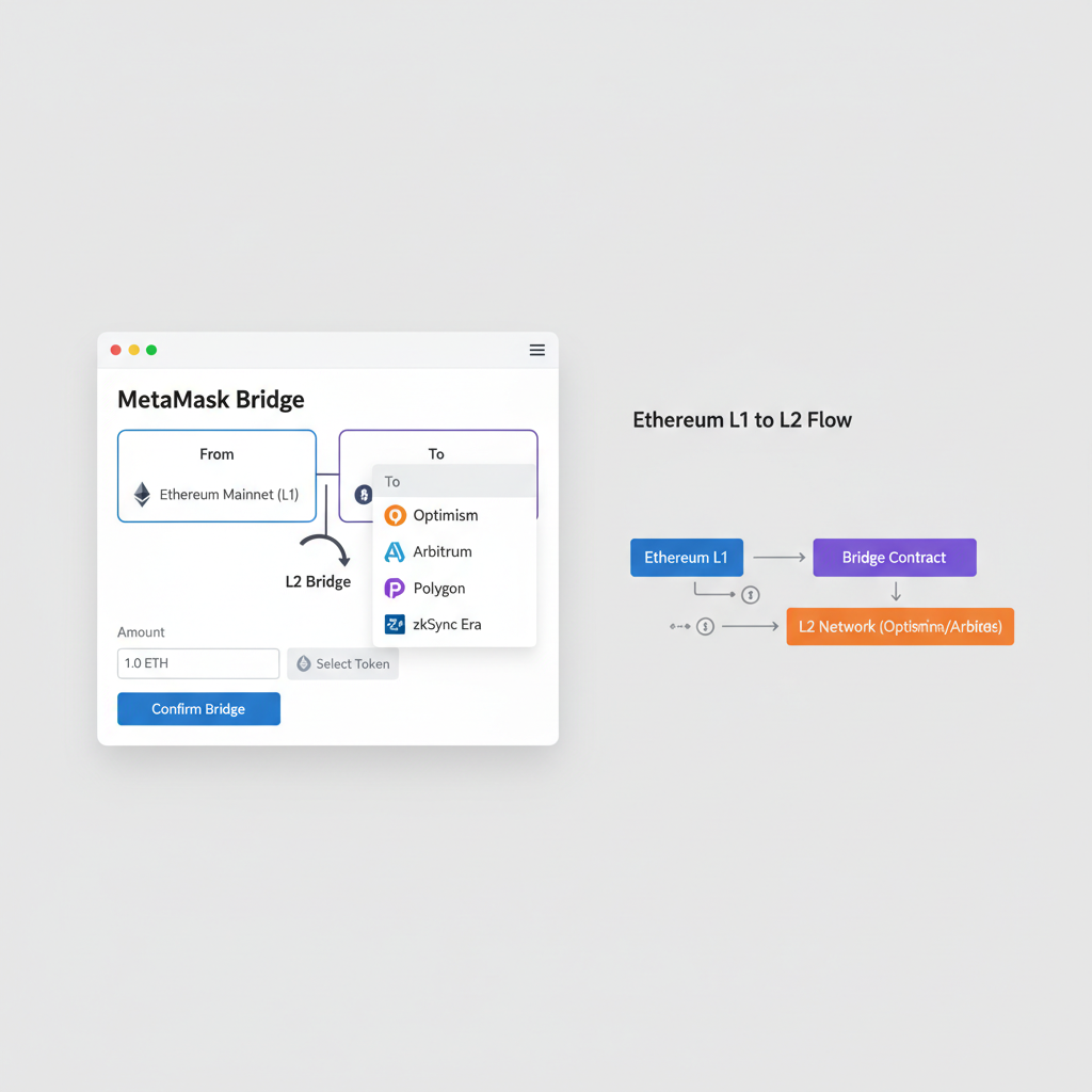 MetaMask bridge interface open, L2 networks listed like Optimism and Arbitrum, Ethereum L1 to L2 flow diagram