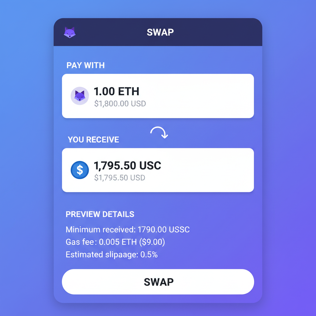 MetaMask swap screen showing ETH to USDC exchange, tokens selected, preview details, secure crypto wallet style