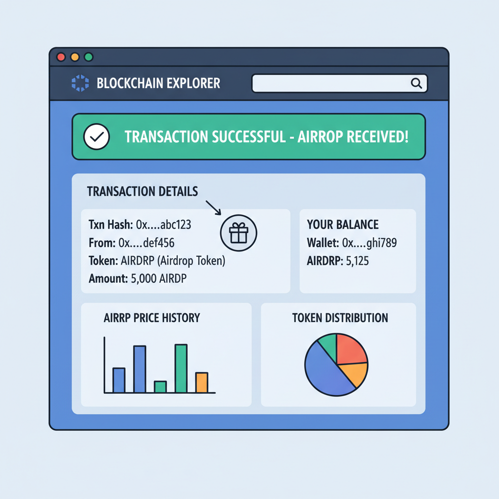 blockchain explorer page showing successful airdrop transaction, tokens received, charts --ar 16:9