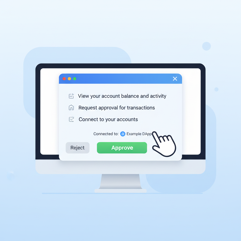 MetaMask popup screen showing connection permissions list, user reviewing details, green approve button --ar 16:9