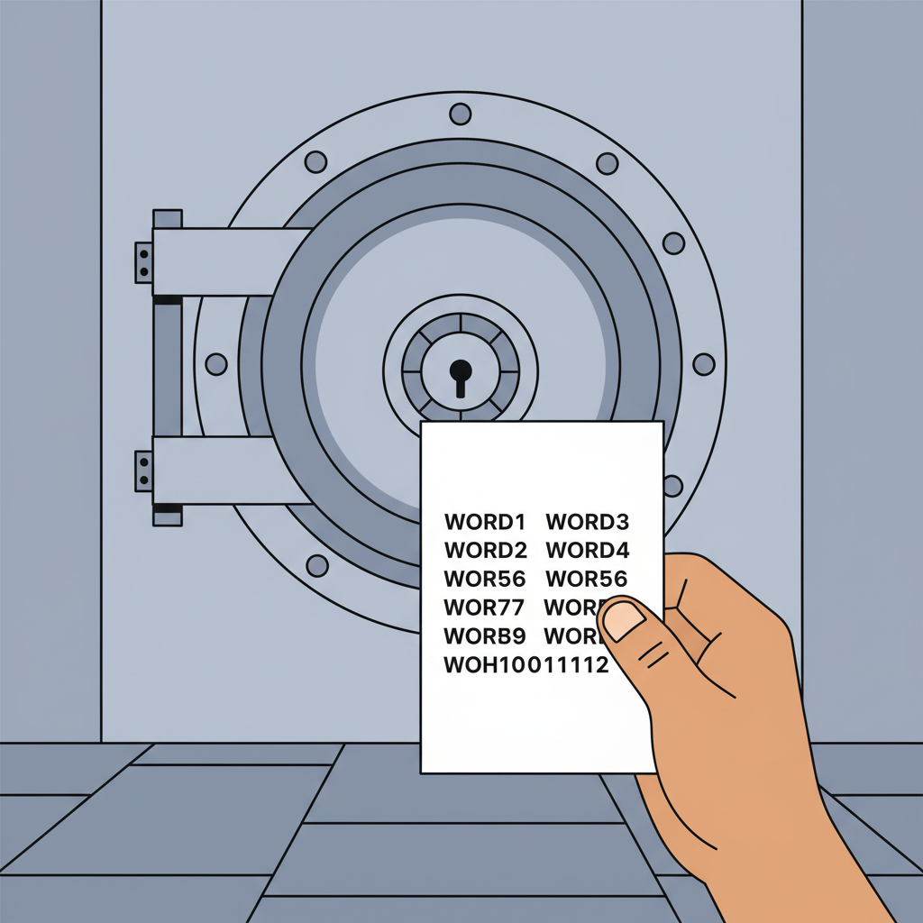 hand holding paper with seed phrase words, secure vault background, no digital screens