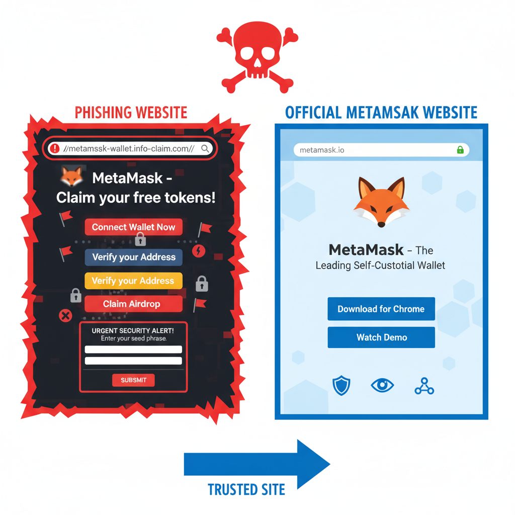 warning icons, phishing website vs official MetaMask side-by-side comparison, red flags on fake site