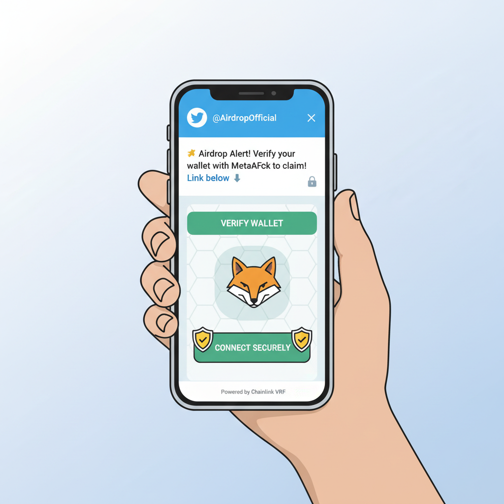 illustration of smartphone checking Twitter and MetaMask official pages for airdrop verification, secure icons, clean UI --ar 16:9