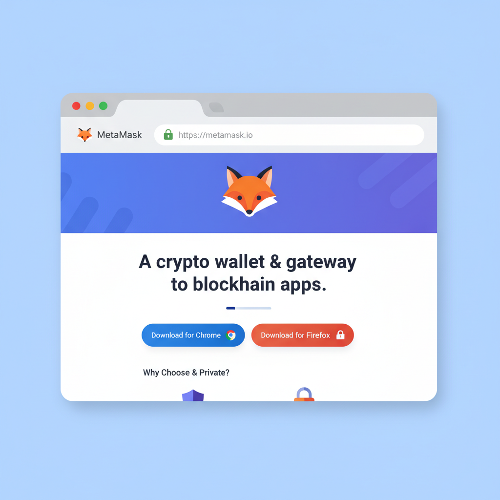 clean browser window showing metamask.io homepage with download buttons, secure padlock icon, professional crypto wallet site