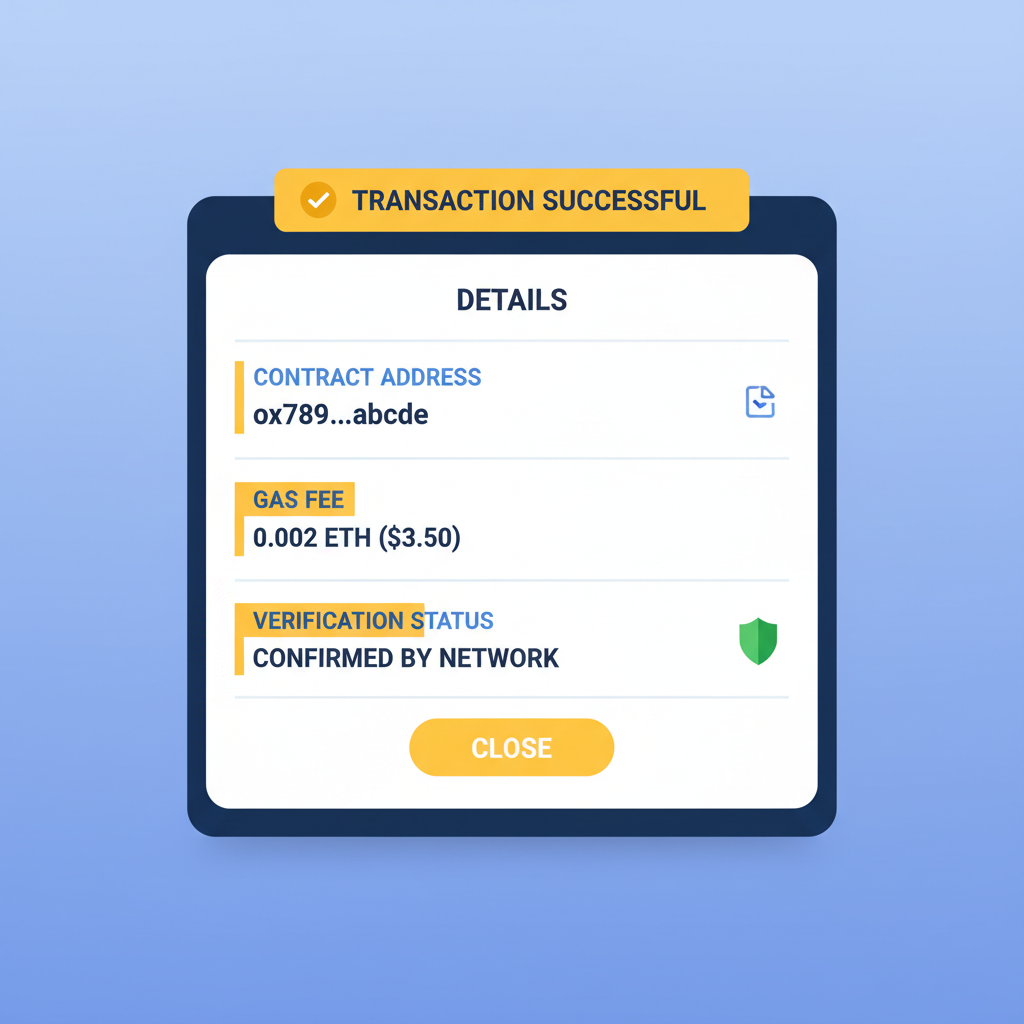 MetaMask transaction details screen with contract address, gas fee, and verification highlights --ar 16:9