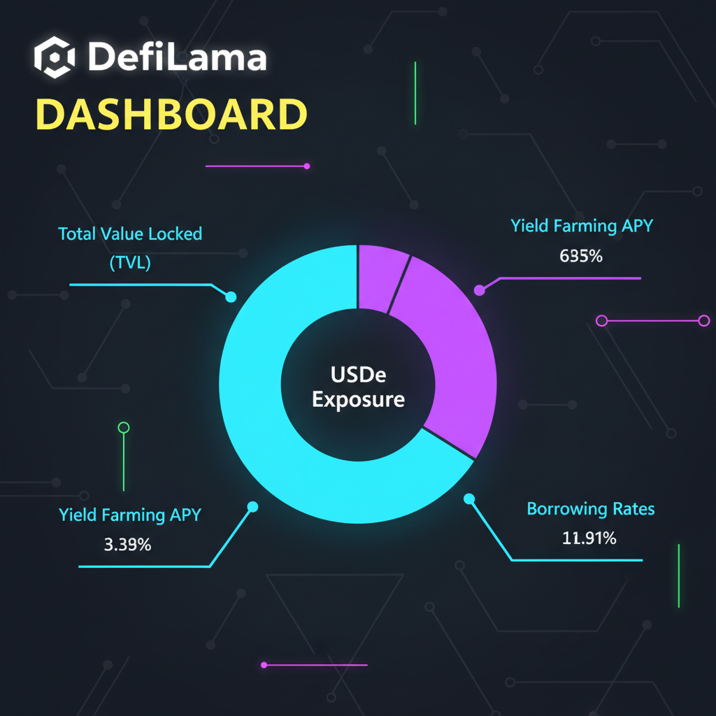 DeFi dashboard on DefiLlama showing USDe exposure chart, neon crypto theme, simple illustration
