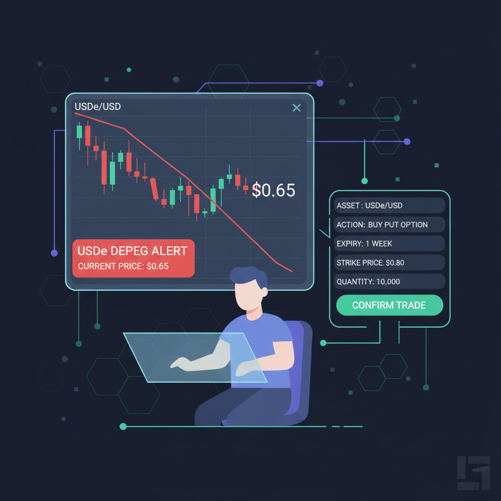 Trader buying put options on crypto chart with USDe depeg to $0.65, futuristic trading interface