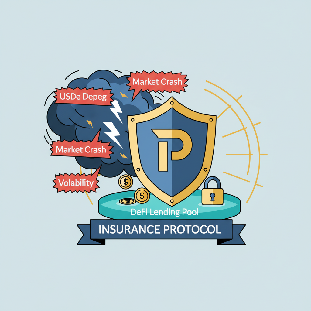 Shield icon protecting DeFi lending pool from USDe depeg storm, insurance theme illustration
