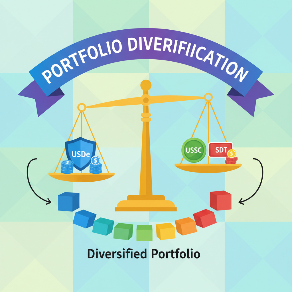 Portfolio diversification chart with USDe, USDC, USDT icons balancing scales, colorful DeFi style