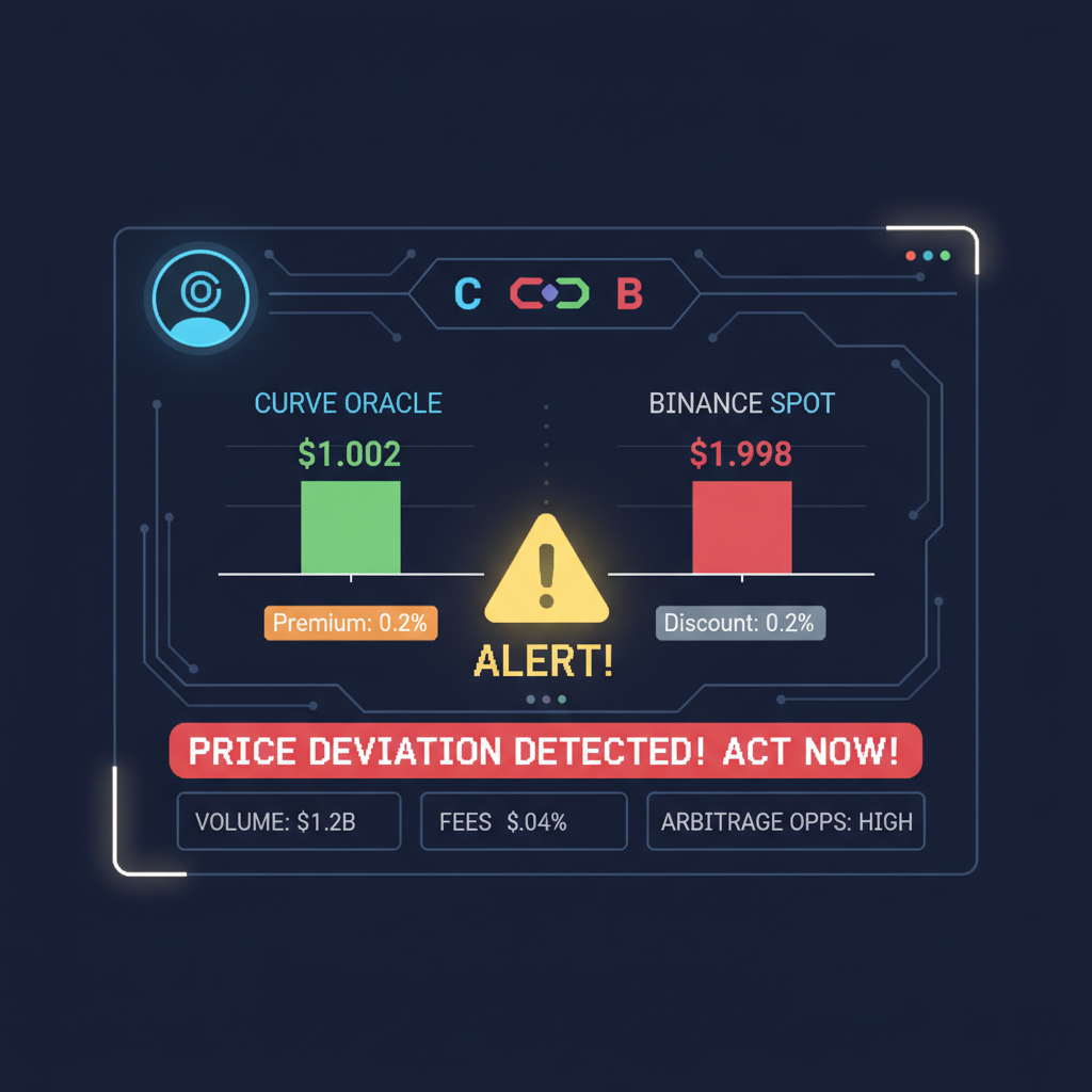 Dashboard monitoring oracle prices for USDe on Curve vs Binance, alert notifications, techy crypto art