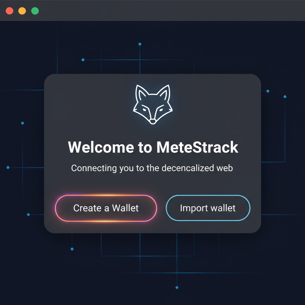 MetaMask popup with glowing 'Create a Wallet' button, dark mode, high-tech interface