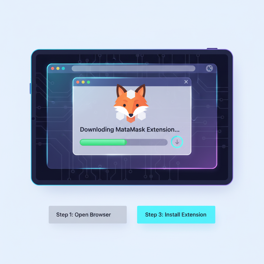futuristic browser downloading MetaMask extension, neon crypto vibes, clean UI