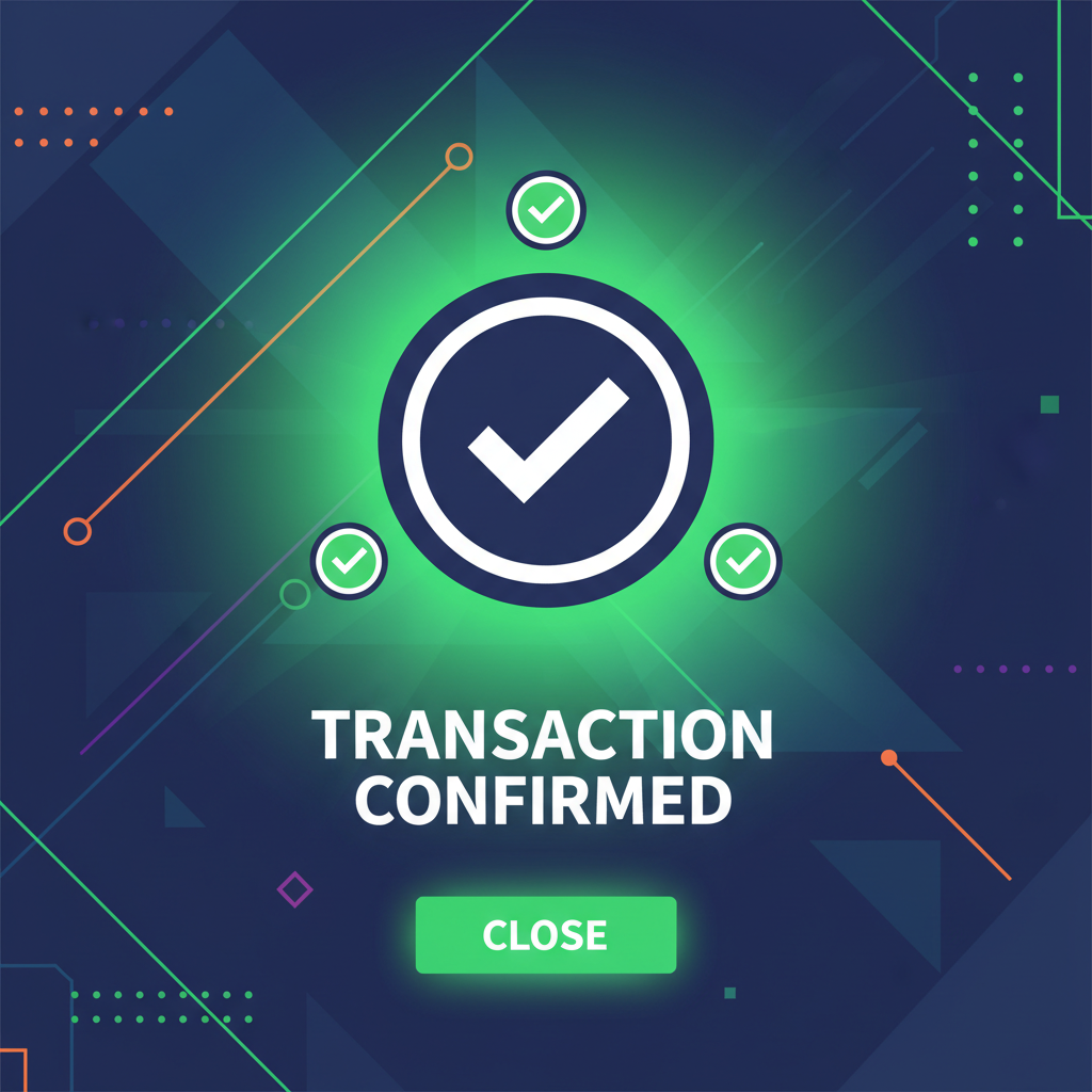 MetaMask confirmation screen with checkmarks, victorious green glow, bold futuristic design