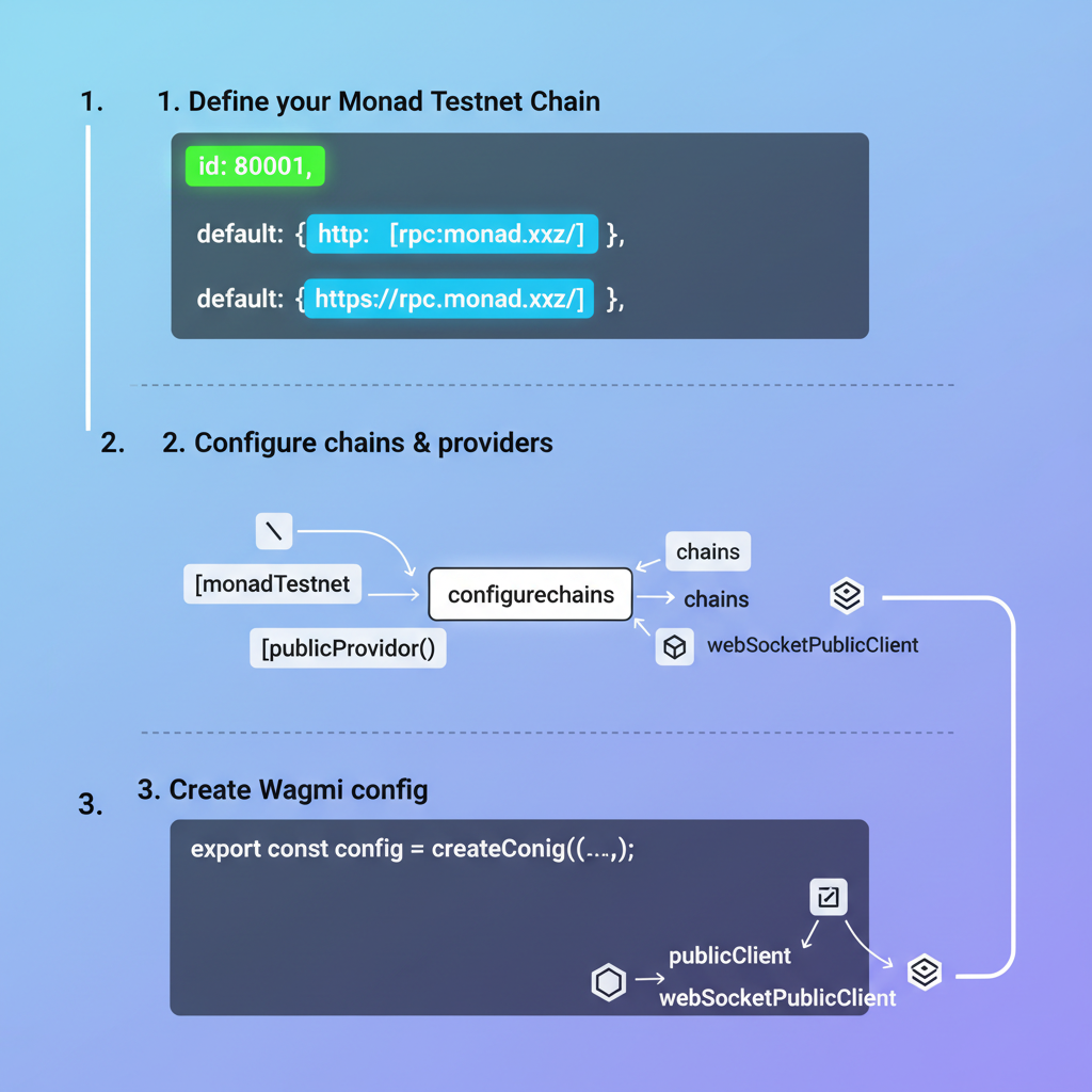 Wagmi config code snippet for Monad testnet chain in React app, glowing RPC URL and chain ID highlighted