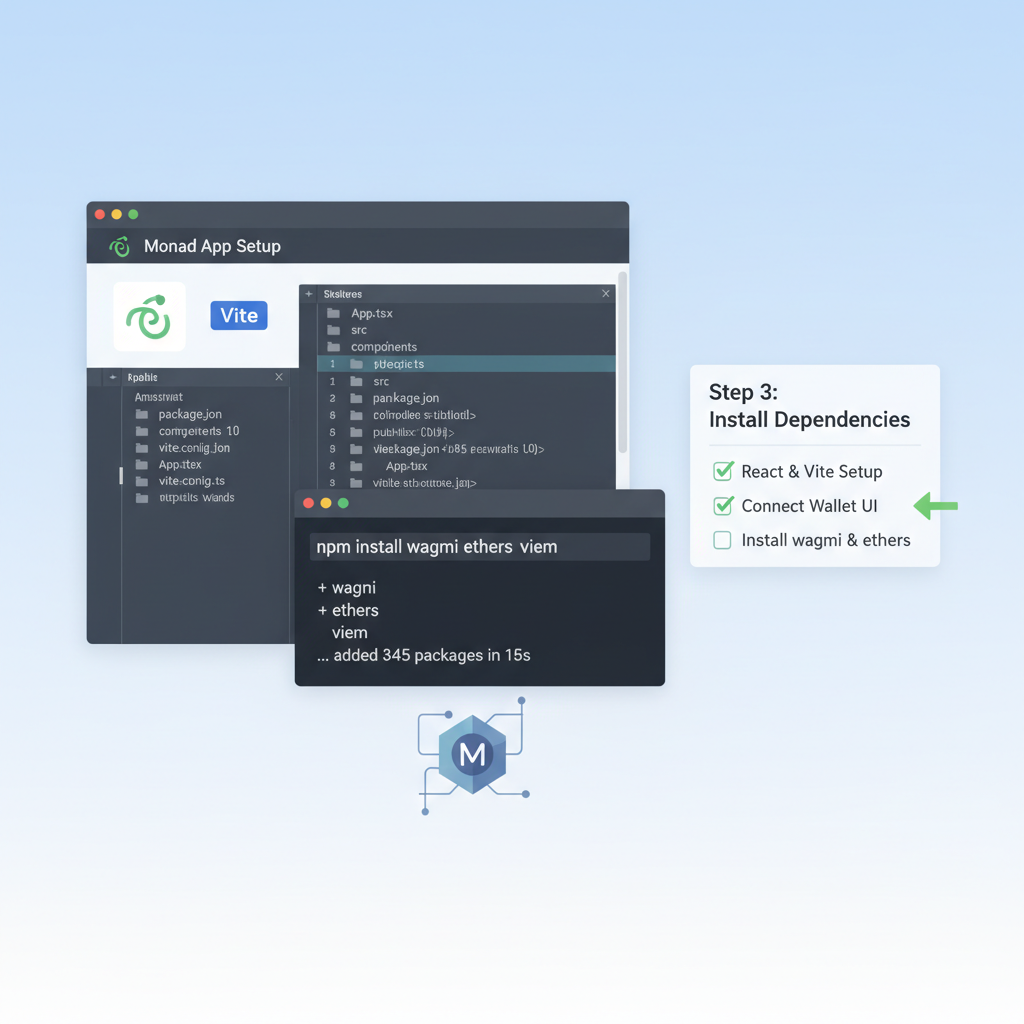 Clean React Vite project setup screen with terminal installing wagmi and ethers for Monad blockchain app, modern dev environment
