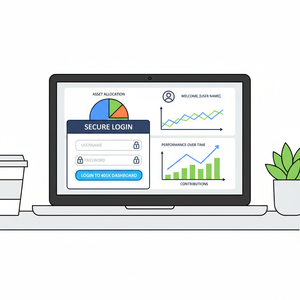 secure login to 401k dashboard on laptop, modern interface with investment charts