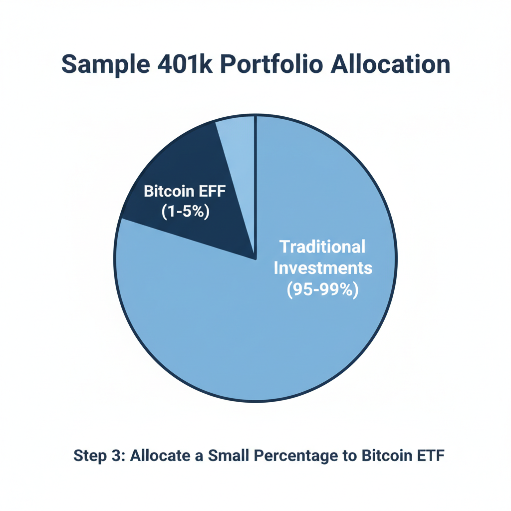 pie chart allocating 1-5% to bitcoin ETF in 401k portfolio, precise financial graphics
