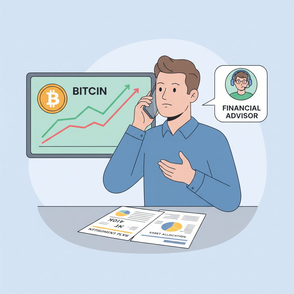 person on phone call with financial advisor, 401k paperwork and bitcoin chart in background