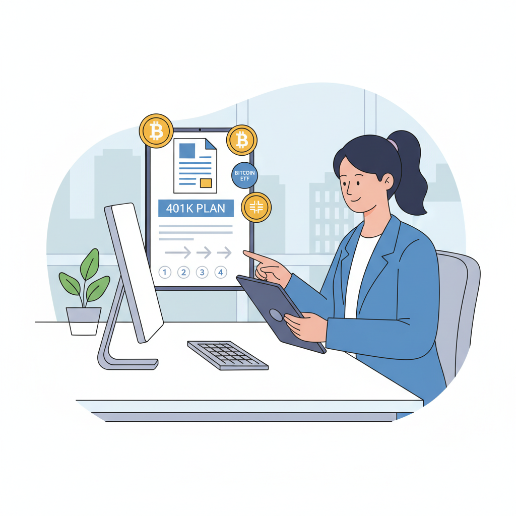 professional reviewing 401k plan documents on tablet, bitcoin ETF icons, modern office desk