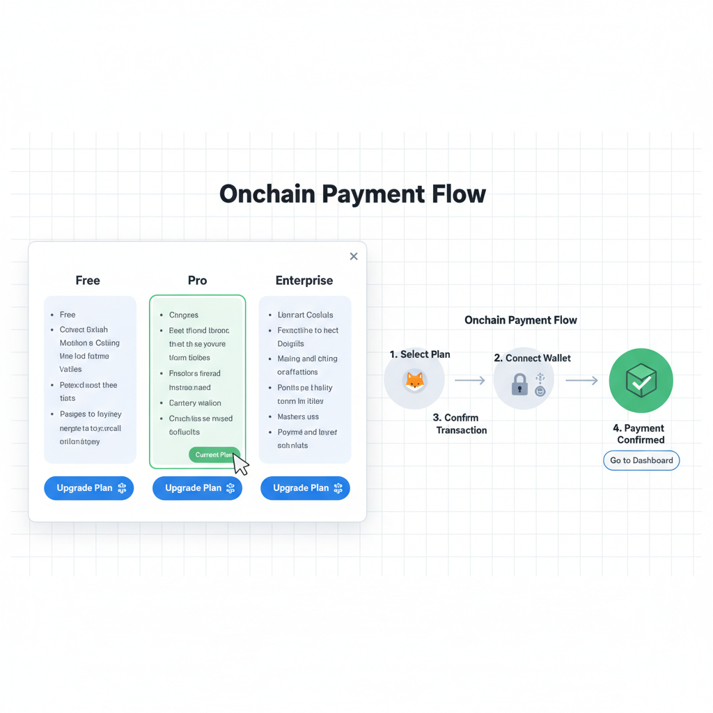 SaaS dashboard with subscription plans, upgrade buttons, onchain payment flow visualization