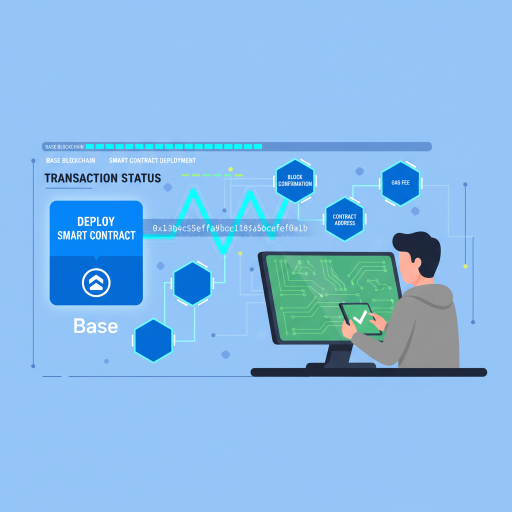 smart contract deployment on Base blockchain, transaction hash glowing, developer monitoring dashboard